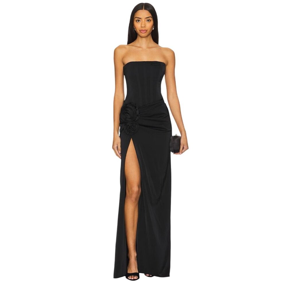 NBD Black Strapless Maxi Gown with Side Slit and Floral Detail